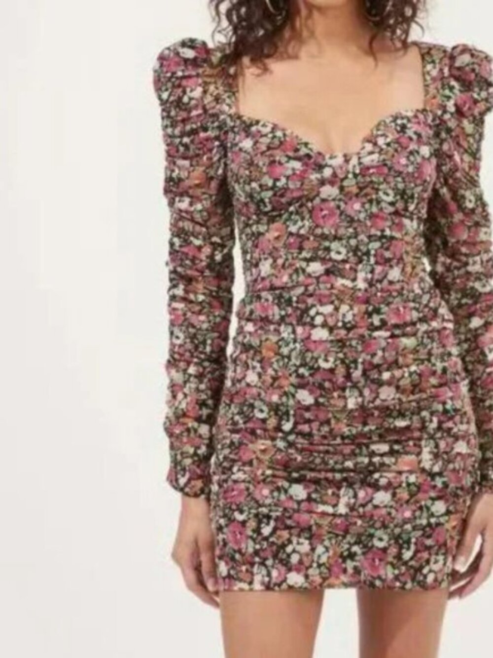 Astr the Label Jadine Dark Floral Mini Dress Ruched Puff Long Sleeves Coquette